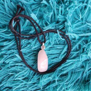 Pink Rose Quartz Crystal Pendant Black Necklace